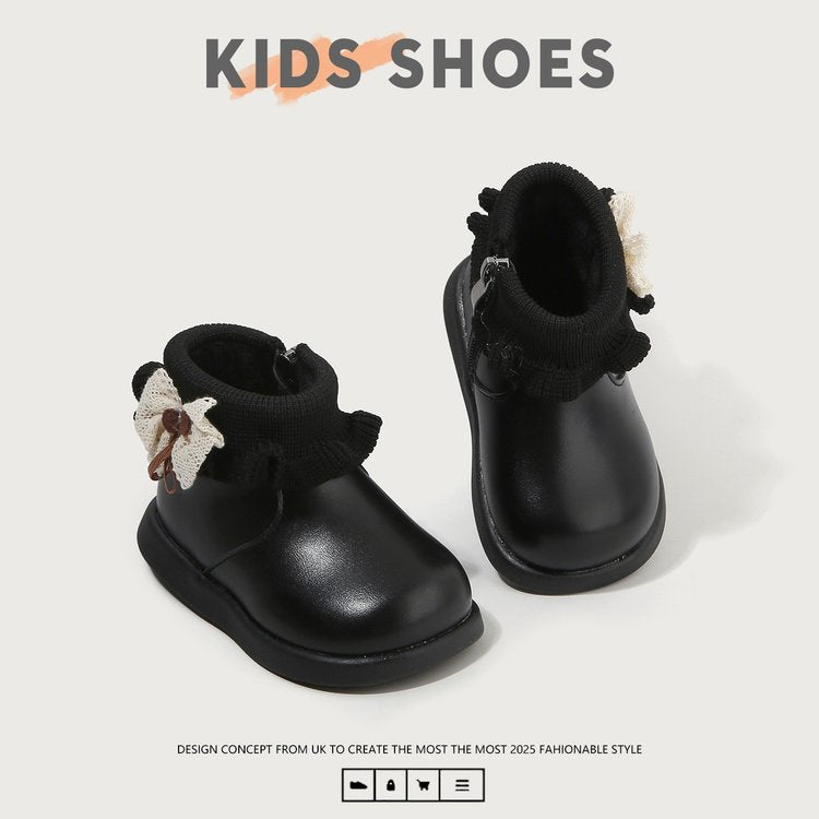 Fleece-Lined Toddler Ankle Boots with Lace and Rubber Sole