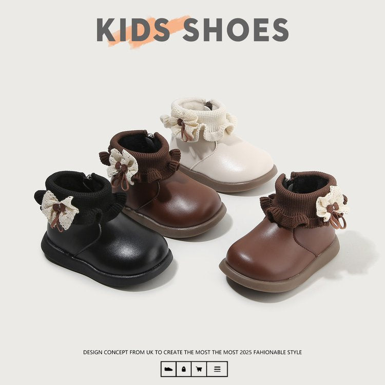 Fleece-Lined Toddler Ankle Boots with Lace and Rubber Sole