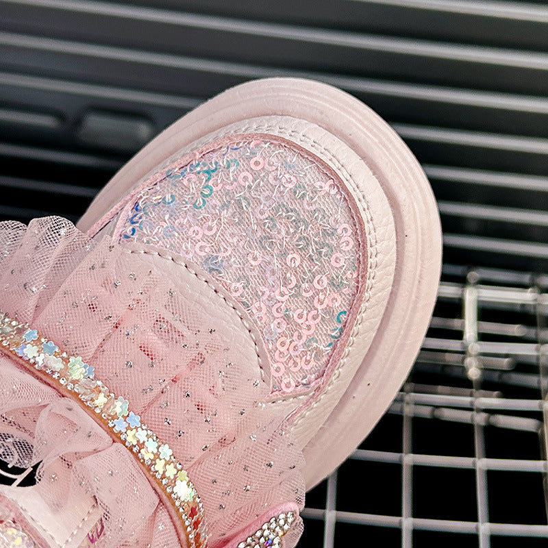 Kids Sequin Bow Shoes with Velcro Closure and Anti-Slip TPR Sole