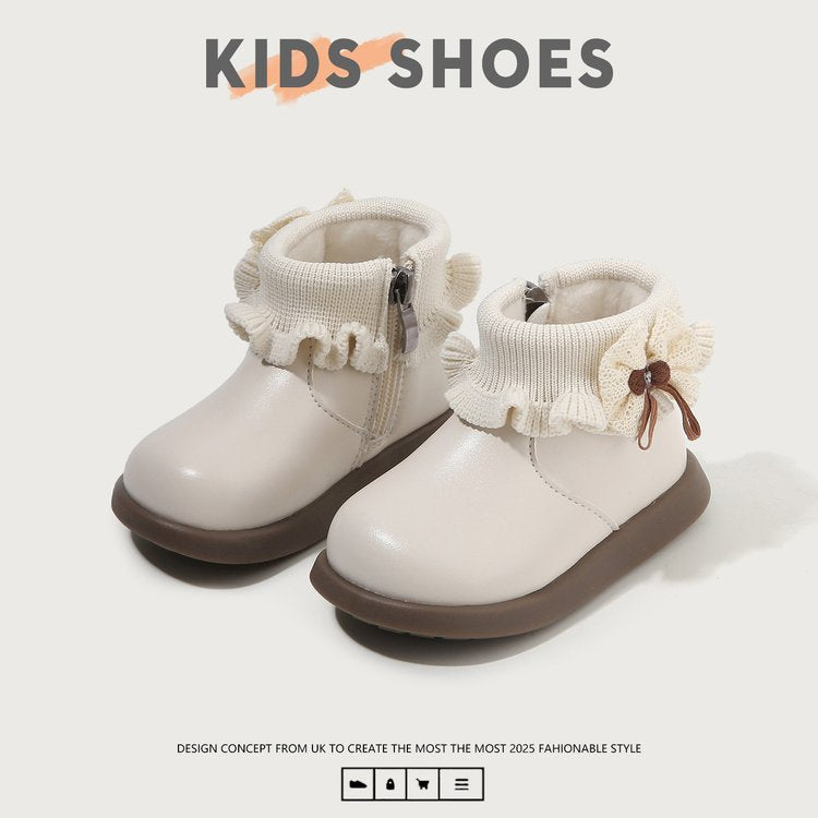 Fleece-Lined Toddler Ankle Boots with Lace and Rubber Sole