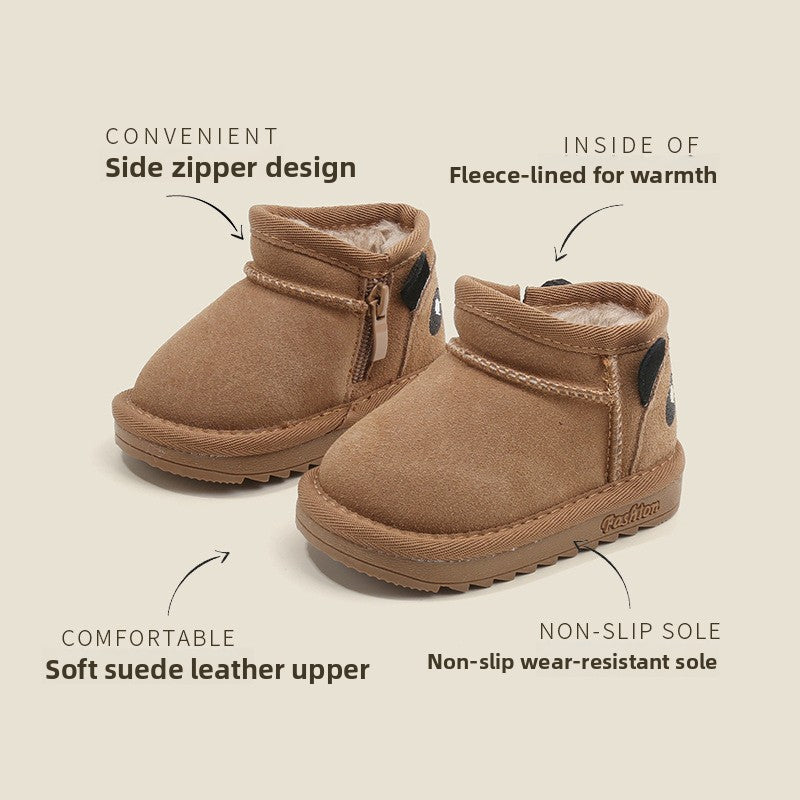 Suede Fleece-Lined Baby Snow Boots with Side Zipper and TPR Sole