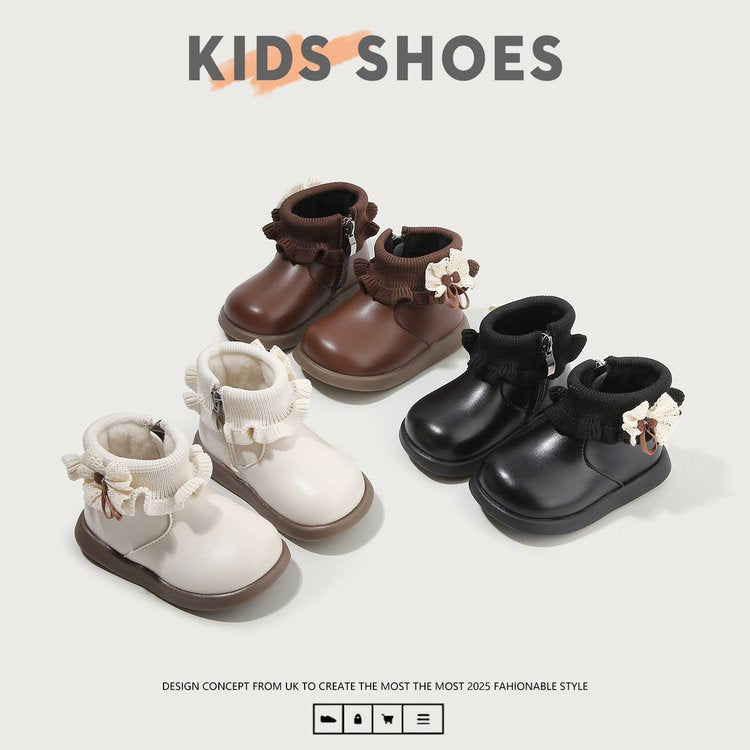 Fleece-Lined Toddler Ankle Boots with Lace and Rubber Sole