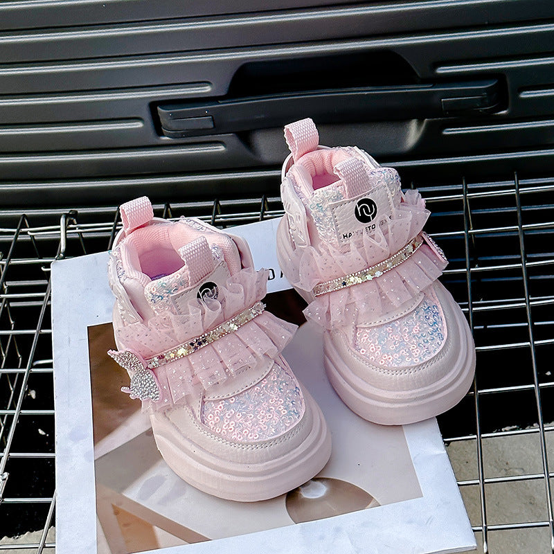 Kids Sequin Bow Shoes with Velcro Closure and Anti-Slip TPR Sole