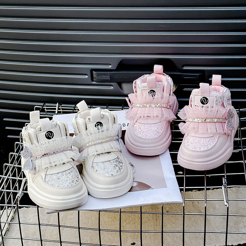 Kids Sequin Bow Shoes with Velcro Closure and Anti-Slip TPR Sole