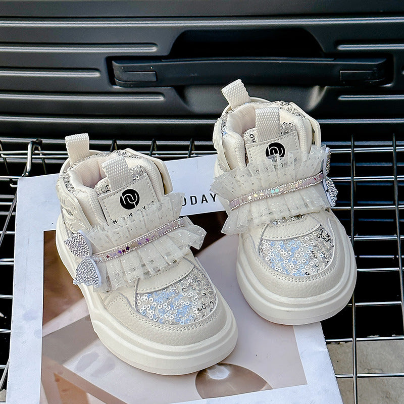 Kids Sequin Bow Shoes with Velcro Closure and Anti-Slip TPR Sole