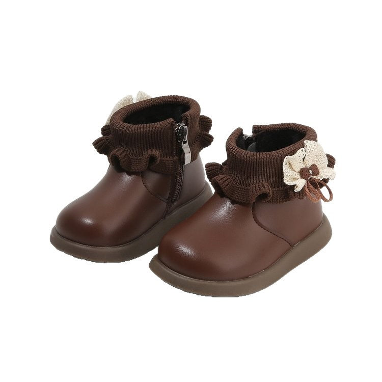 Fleece-Lined Toddler Ankle Boots with Lace and Rubber Sole