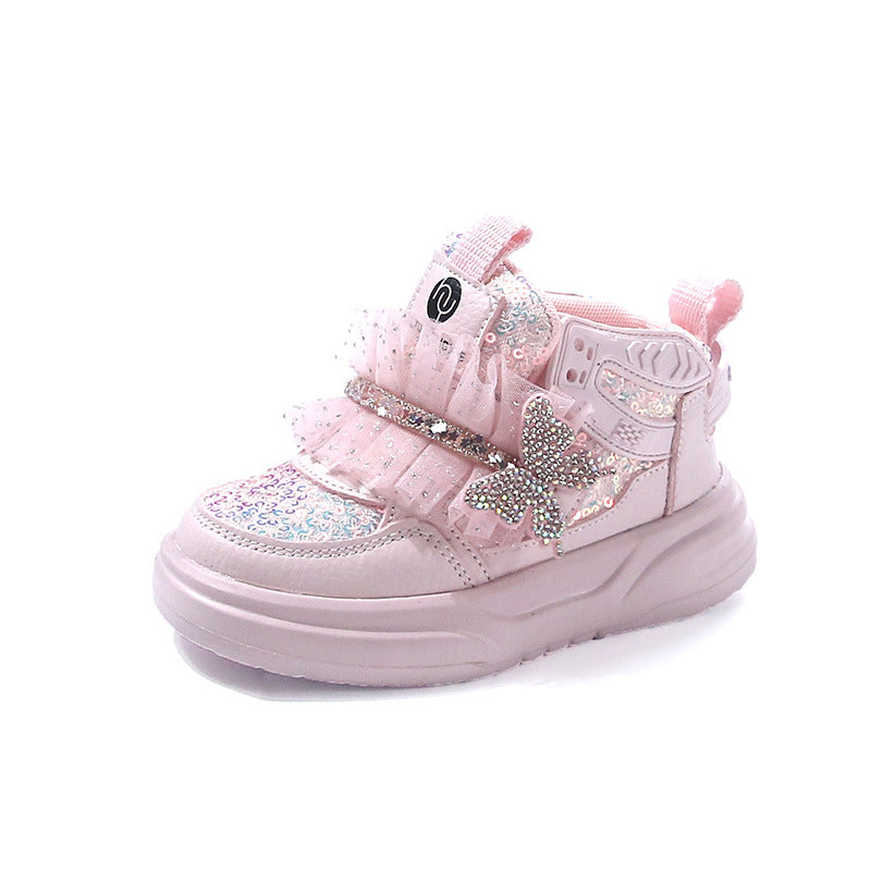 Kids Sequin Bow Shoes with Velcro Closure and Anti-Slip TPR Sole